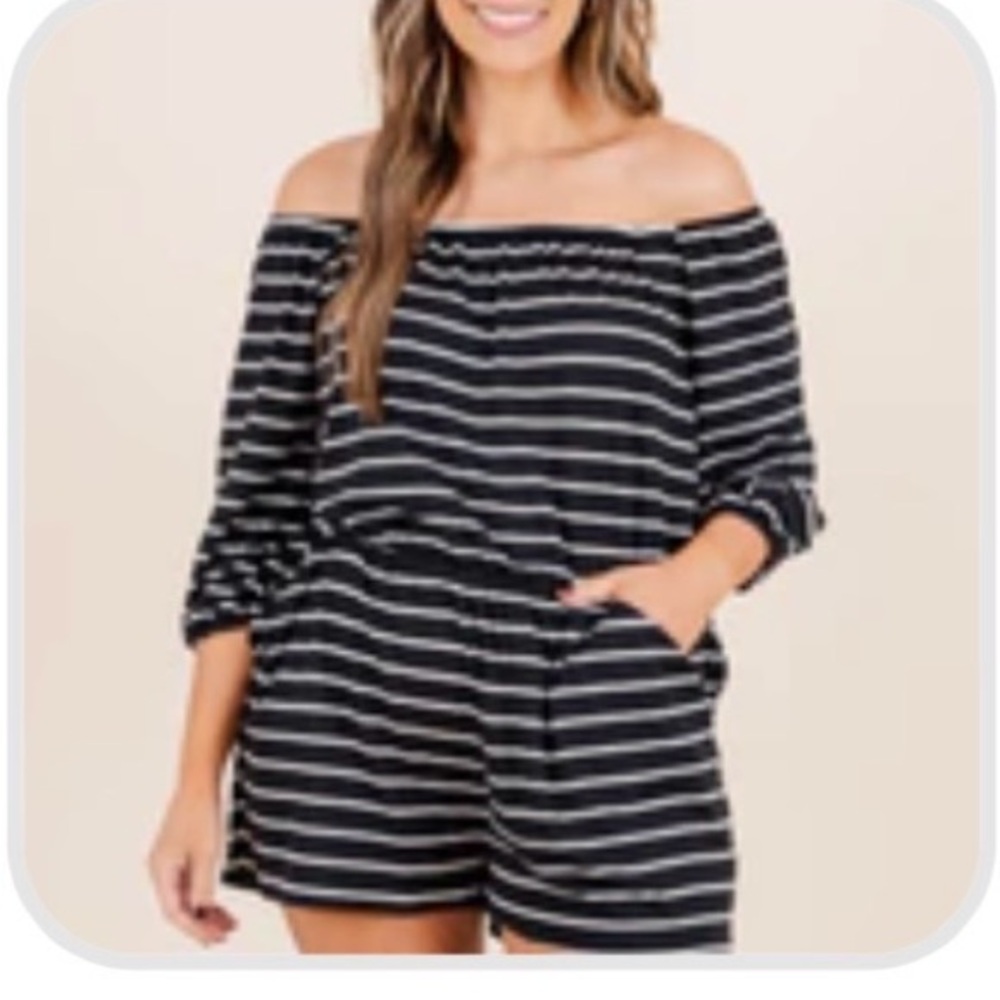 P.S. Kate Black & White Striped Off-Shoulder Romper | Size 2X| Pockets